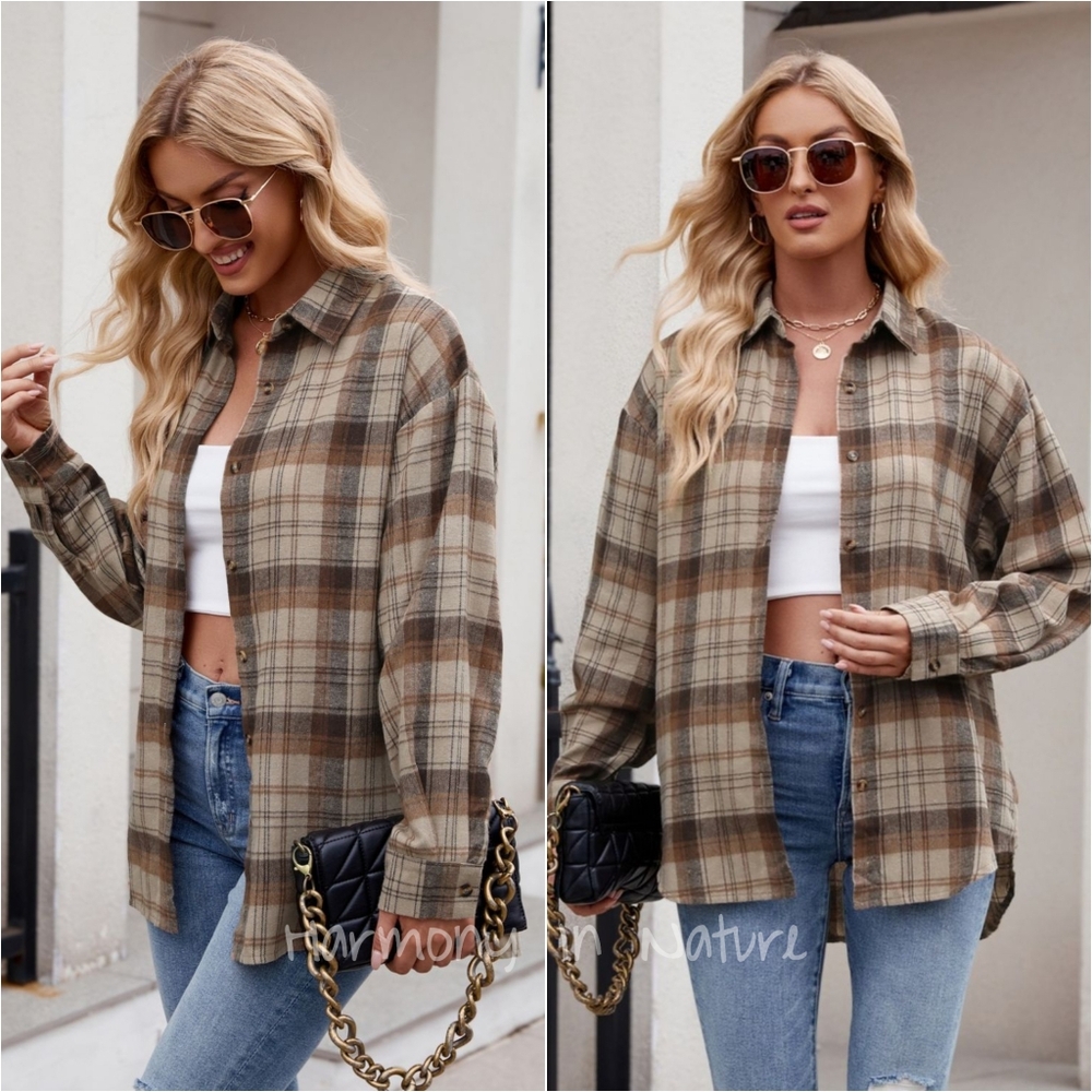 Clara Rustic Plaid Essential Top - Coffee